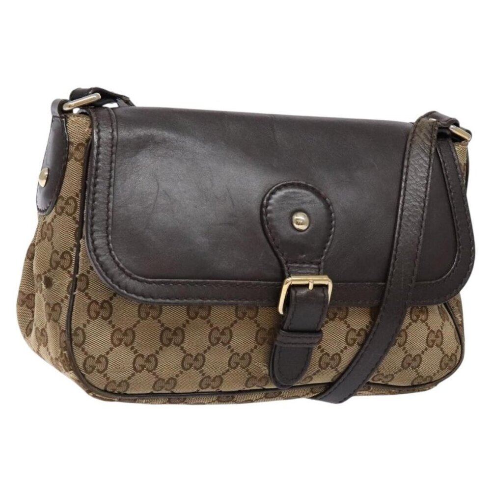 Authentic GUCCI GG Canvas Shoulder Bag Beige Silver Brown 308452